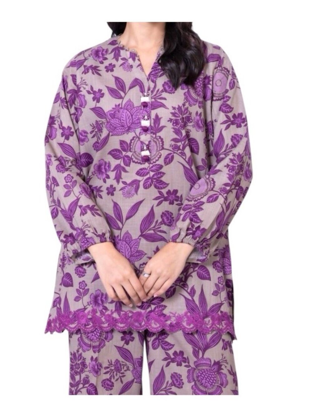 Khaadi Purple Floral Embroidered Kurti Tunic Style Festive Blouse Top Size 10